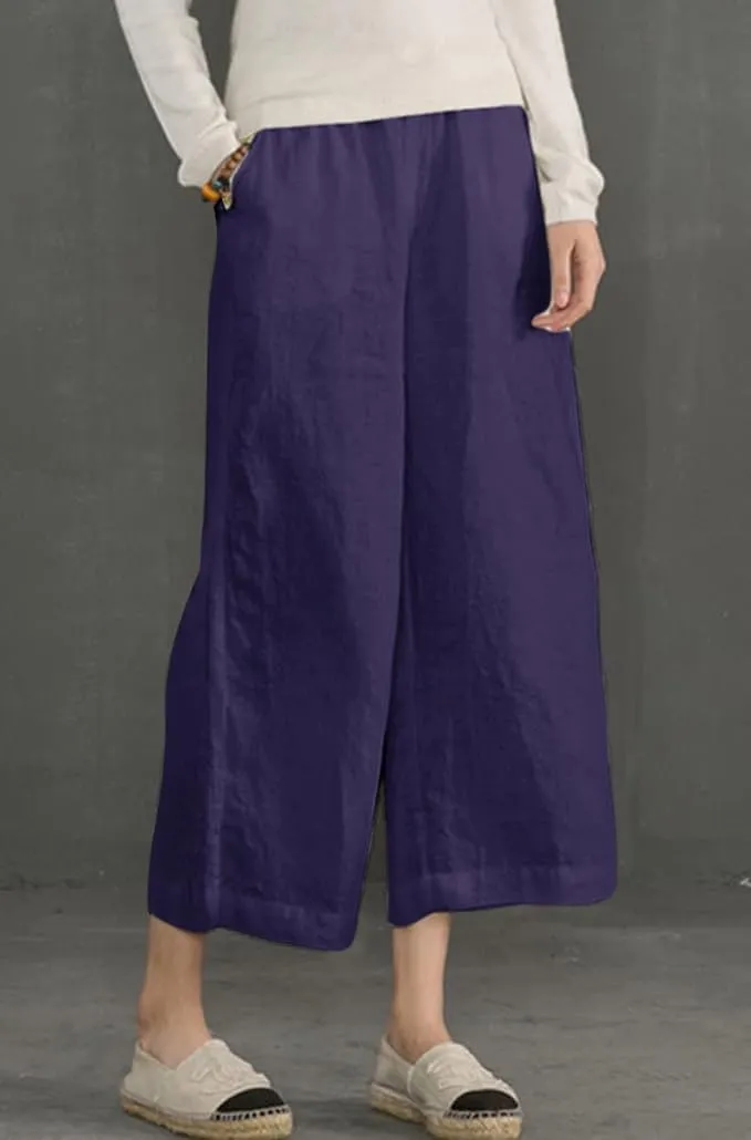 ECUPPER Womens Cotton Cropped Pants Loose Fit Wide Leg Capri Casual Plus Size Elastic Waist Trousers