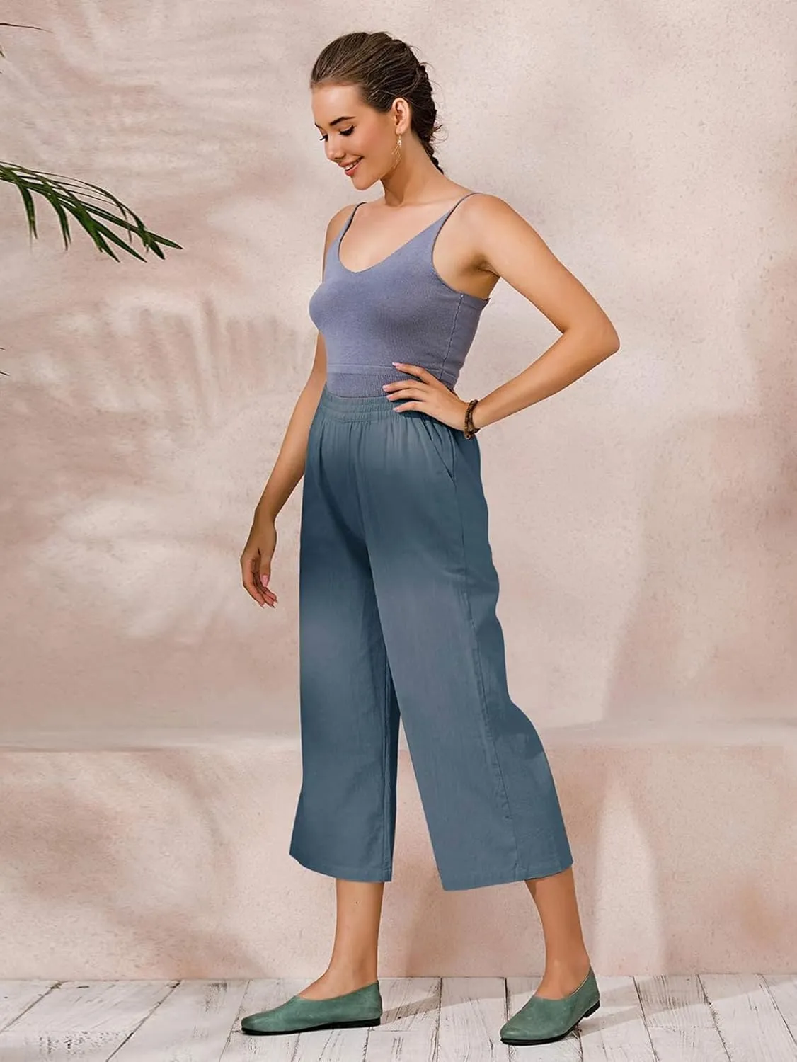 ECUPPER Womens Cotton Cropped Pants Loose Fit Wide Leg Capri Casual Plus Size Elastic Waist Trousers