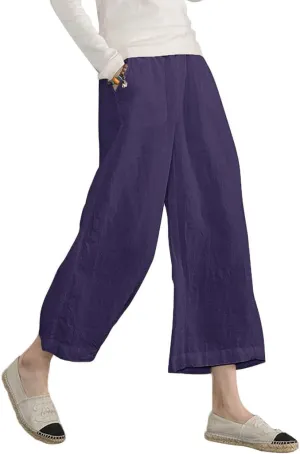 ECUPPER Womens Cotton Cropped Pants Loose Fit Wide Leg Capri Casual Plus Size Elastic Waist Trousers
