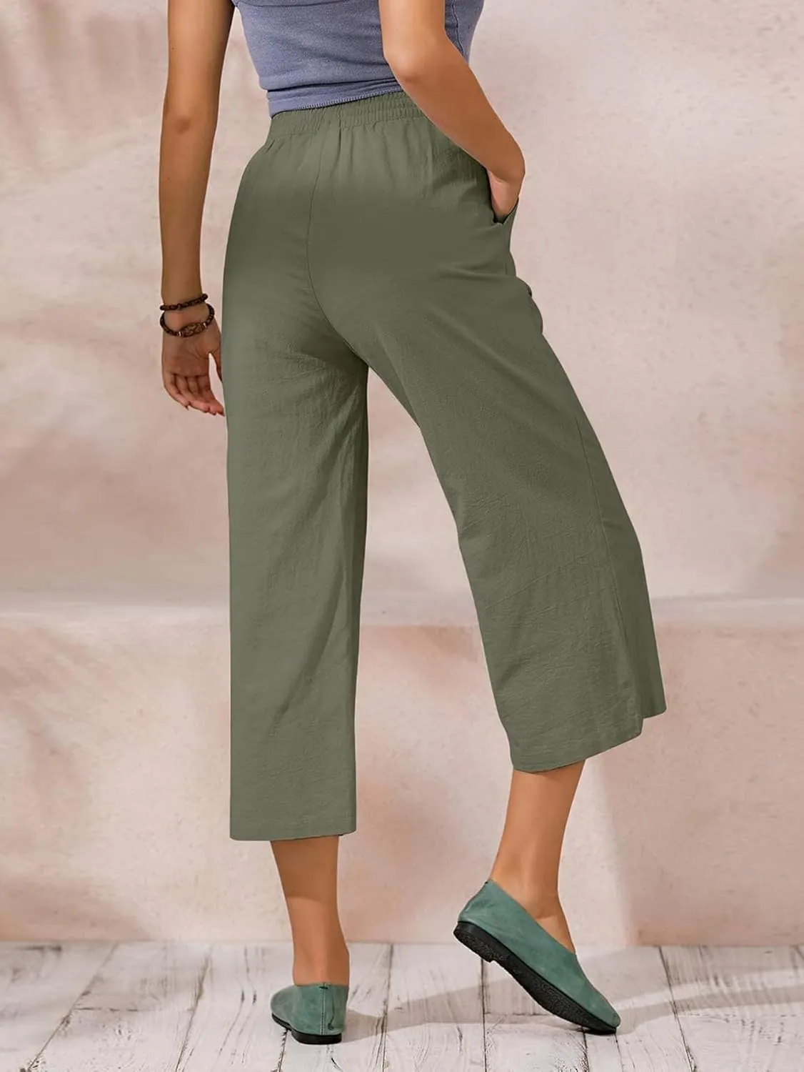 ECUPPER Womens Cotton Cropped Pants Loose Fit Wide Leg Capri Casual Plus Size Elastic Waist Trousers