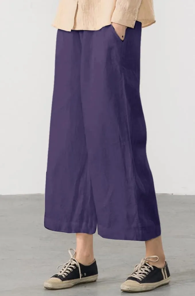 ECUPPER Womens Cotton Cropped Pants Loose Fit Wide Leg Capri Casual Plus Size Elastic Waist Trousers