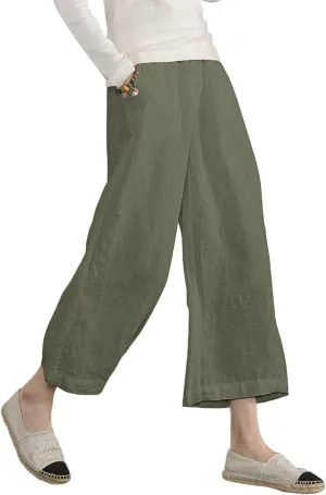 ECUPPER Womens Cotton Cropped Pants Loose Fit Wide Leg Capri Casual Plus Size Elastic Waist Trousers