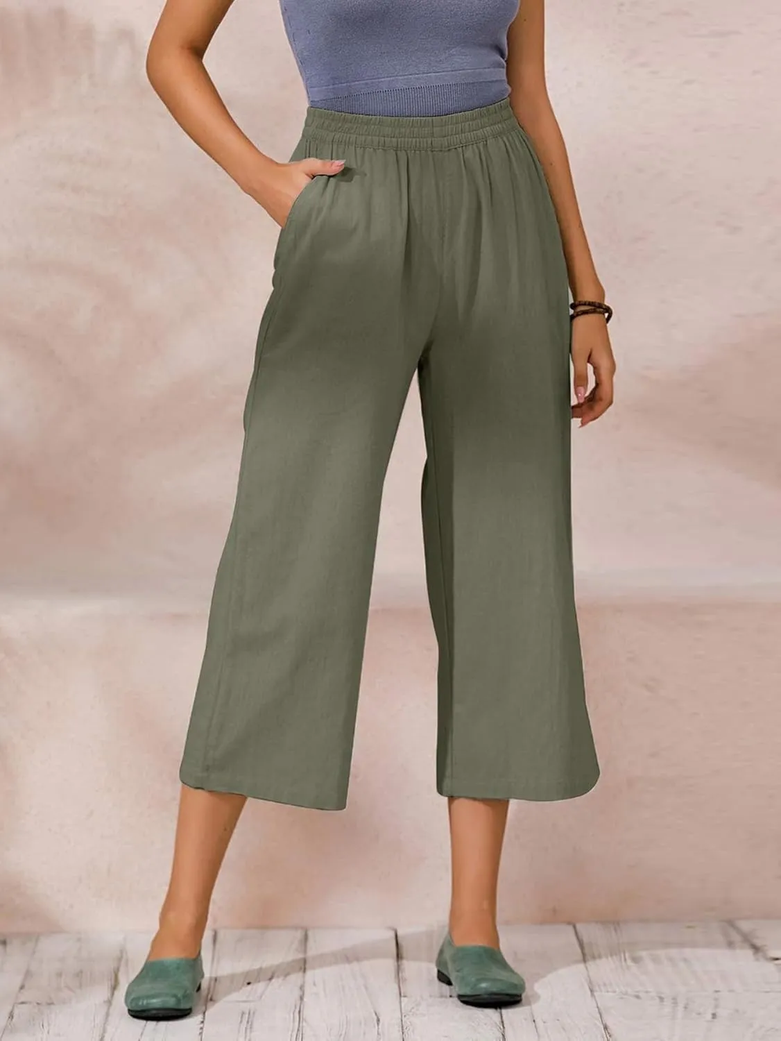ECUPPER Womens Cotton Cropped Pants Loose Fit Wide Leg Capri Casual Plus Size Elastic Waist Trousers