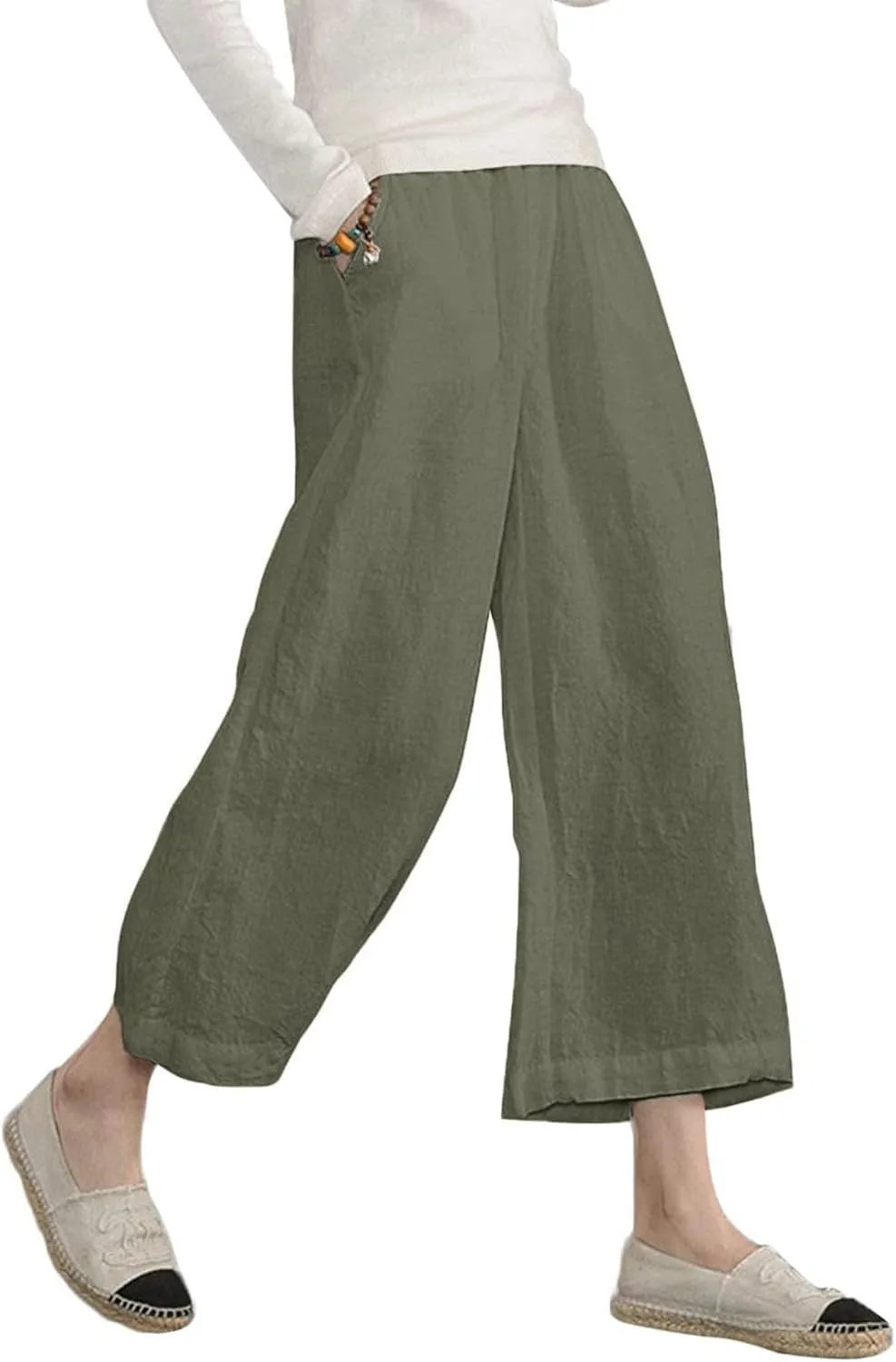 ECUPPER Womens Cotton Cropped Pants Loose Fit Wide Leg Capri Casual Plus Size Elastic Waist Trousers