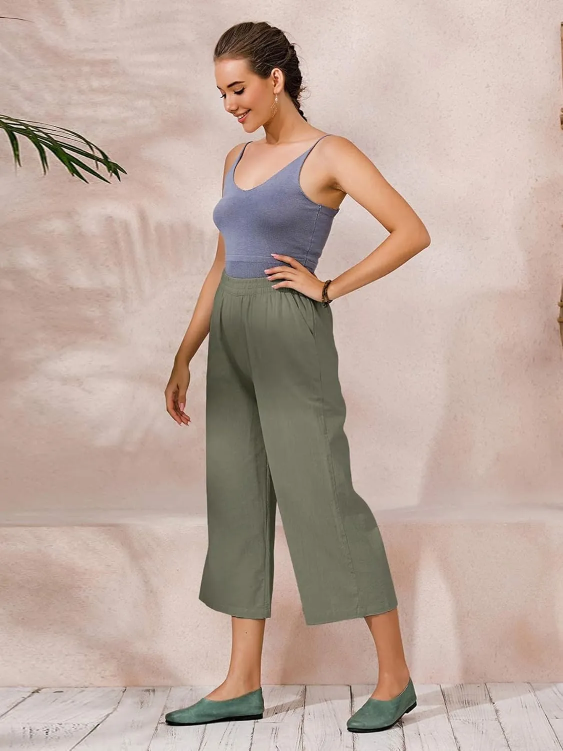 ECUPPER Womens Cotton Cropped Pants Loose Fit Wide Leg Capri Casual Plus Size Elastic Waist Trousers