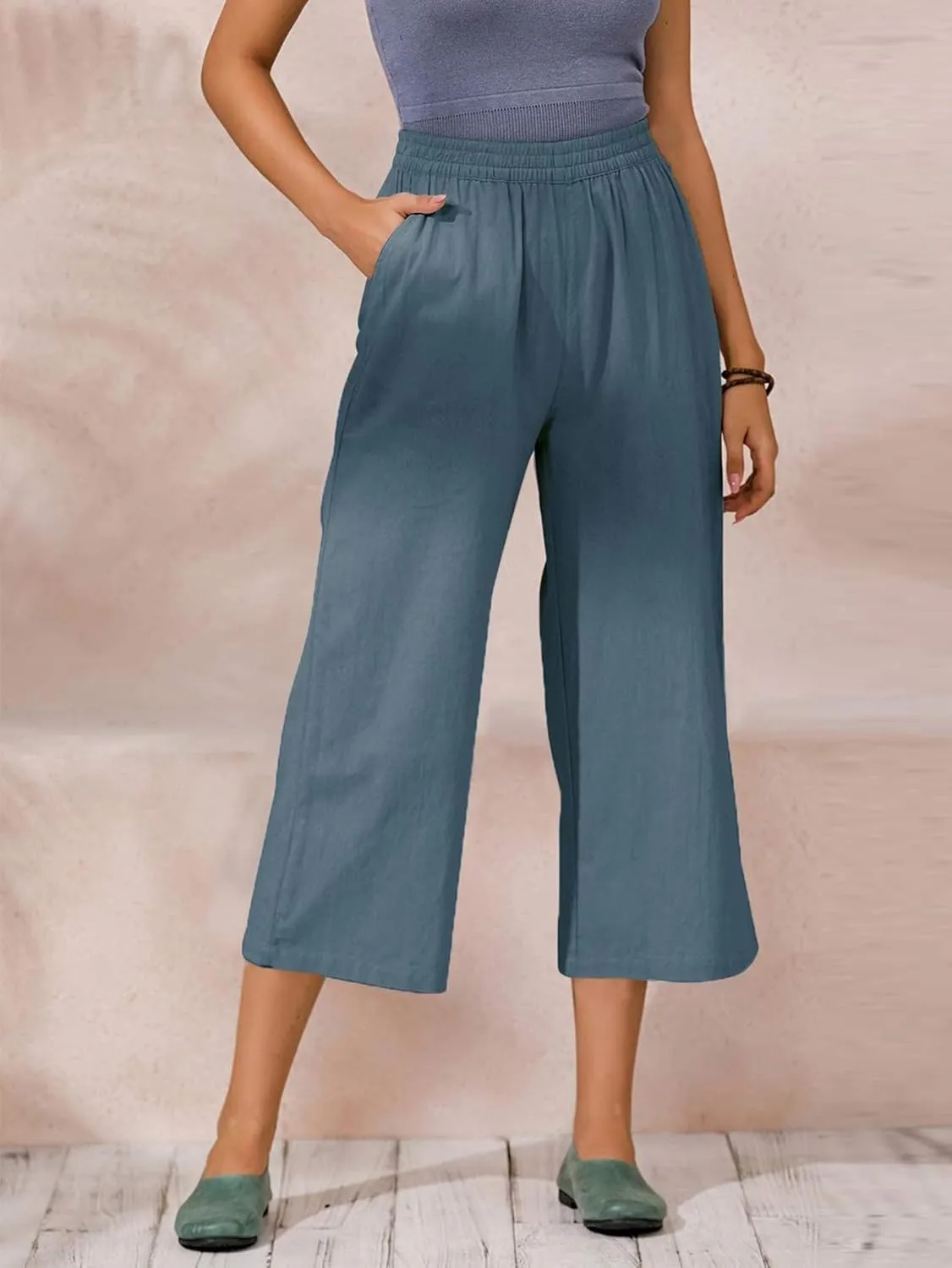 ECUPPER Womens Cotton Cropped Pants Loose Fit Wide Leg Capri Casual Plus Size Elastic Waist Trousers