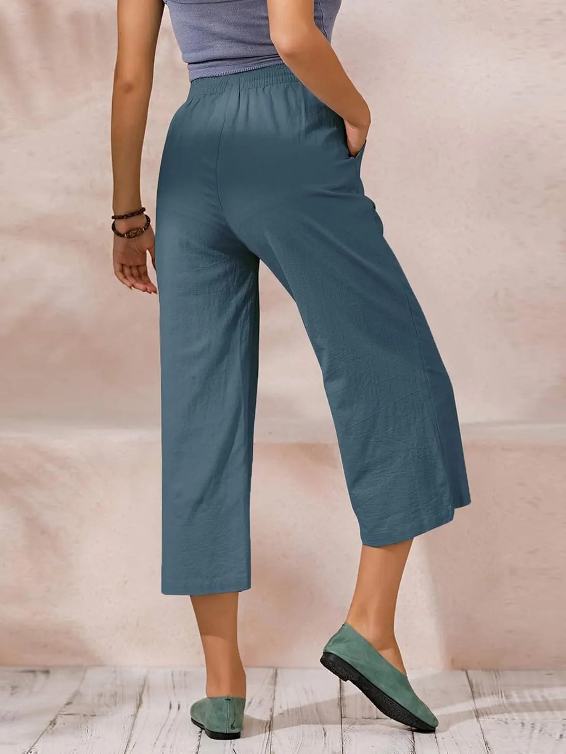 ECUPPER Womens Cotton Cropped Pants Loose Fit Wide Leg Capri Casual Plus Size Elastic Waist Trousers