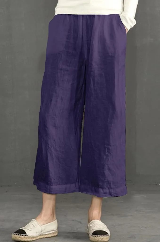 ECUPPER Womens Cotton Cropped Pants Loose Fit Wide Leg Capri Casual Plus Size Elastic Waist Trousers