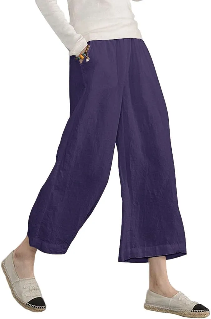 ECUPPER Womens Cotton Cropped Pants Loose Fit Wide Leg Capri Casual Plus Size Elastic Waist Trousers