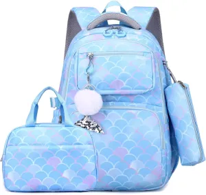 EKUIZAI 3PCS Mermaid Backpack for Girls Fish Scale Print Primary Bookbags set Girls Backpack with Lunch Box