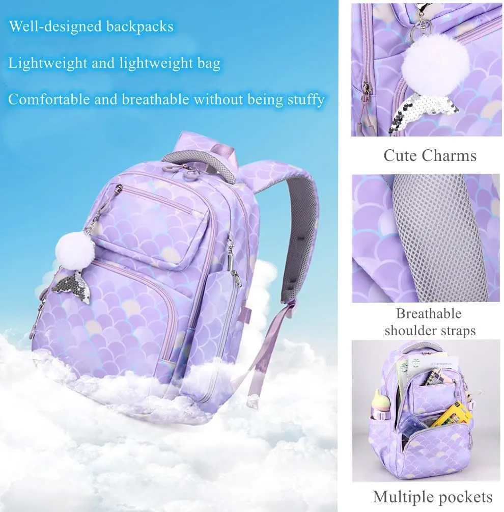 EKUIZAI 3PCS Mermaid Backpack for Girls Fish Scale Print Primary Bookbags set Girls Backpack with Lunch Box