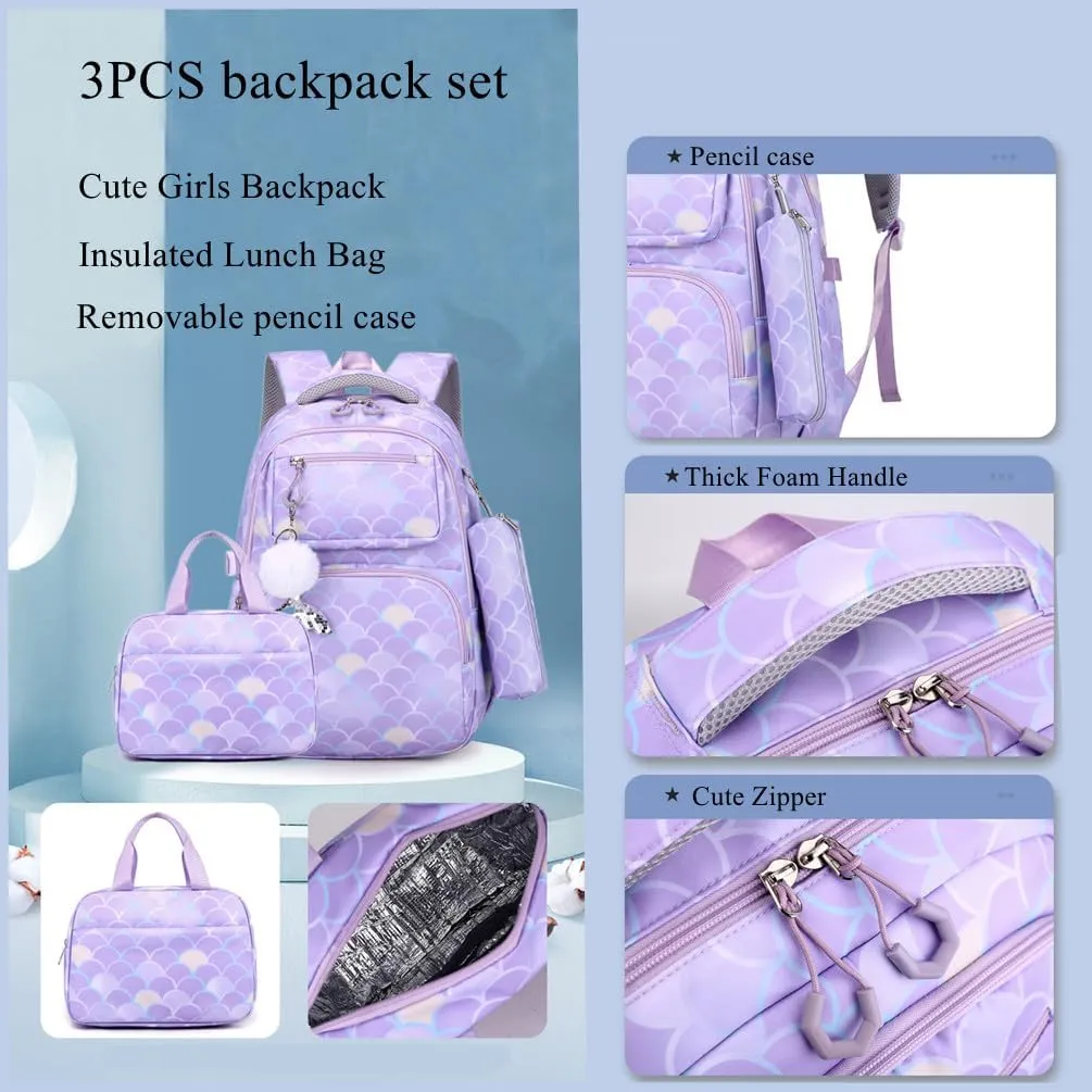EKUIZAI 3PCS Mermaid Backpack for Girls Fish Scale Print Primary Bookbags set Girls Backpack with Lunch Box