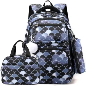 EKUIZAI 3PCS Mermaid Backpack for Girls Fish Scale Print Primary Bookbags set Girls Backpack with Lunch Box