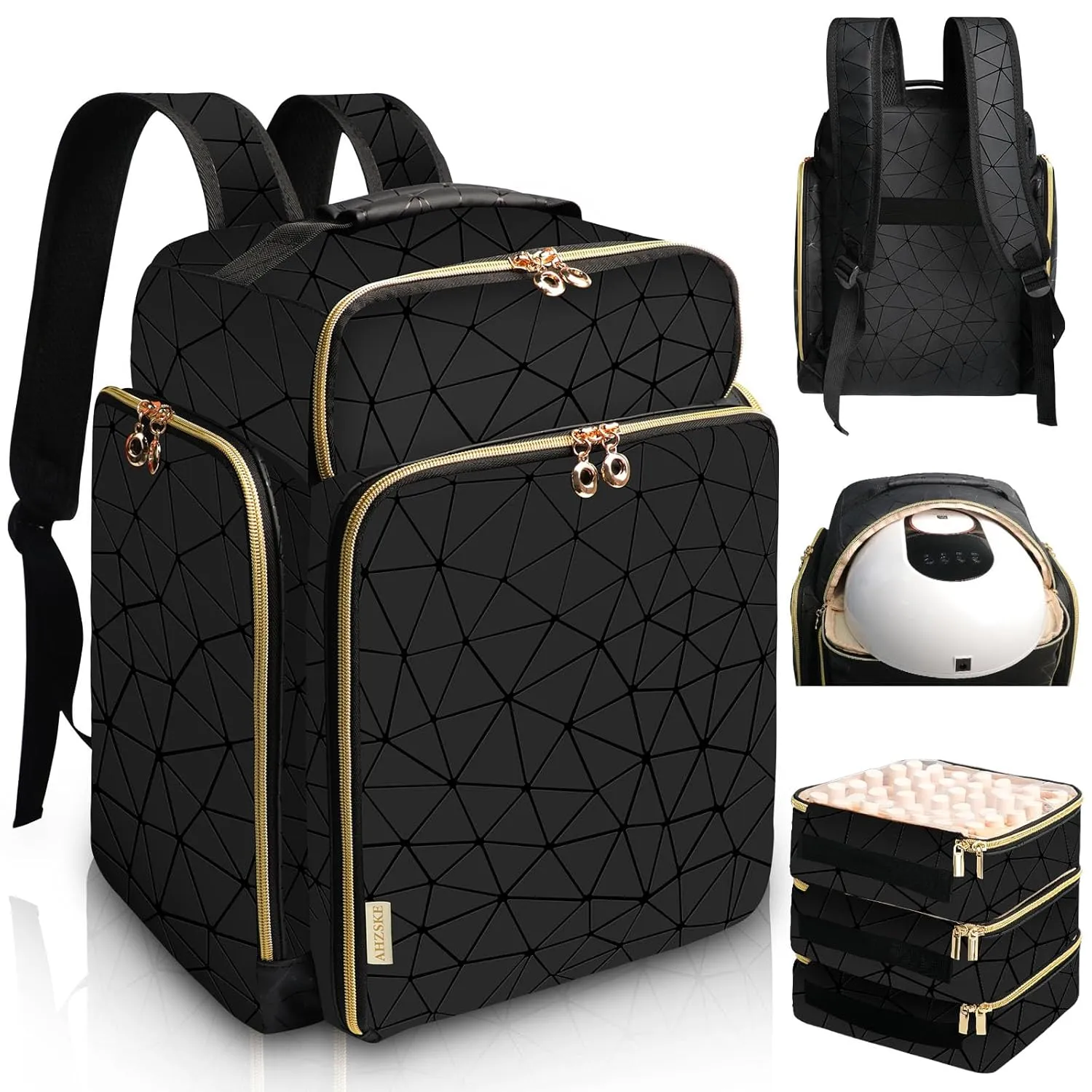 Elegant Black Backpack Organizer, Holds 126 Nail Bottles, Extra Large Nail Kit Supplies Storage with 3 Removable Cases, PU Leather Organizer for Travel