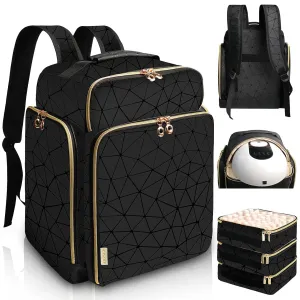 Elegant Black Backpack Organizer, Holds 126 Nail Bottles, Extra Large Nail Kit Supplies Storage with 3 Removable Cases, PU Leather Organizer for Travel