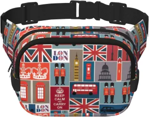 England Symbols Print Fashion Waist Packs Square Layer Waist Bag Black Belt Bag with Adjustable Strap