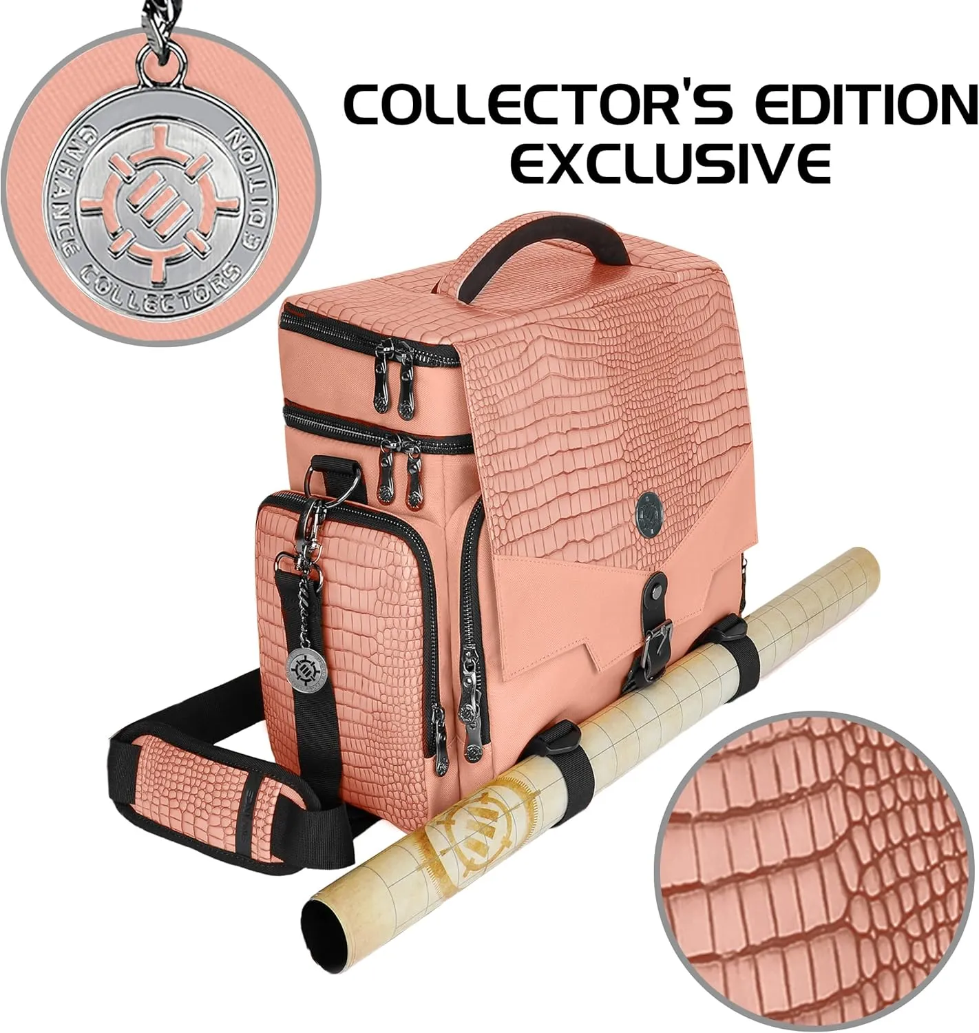 ENHANCE Collector's Edition RPG Adventurer's DnD Bag - Dragon Hide Exterior Travel RPG Bag with Tabletop Miniatures Storage Vault, Mat Holder, DnD Dice & Token Pockets, Fits 4-8 Books (Dragon Pink)
