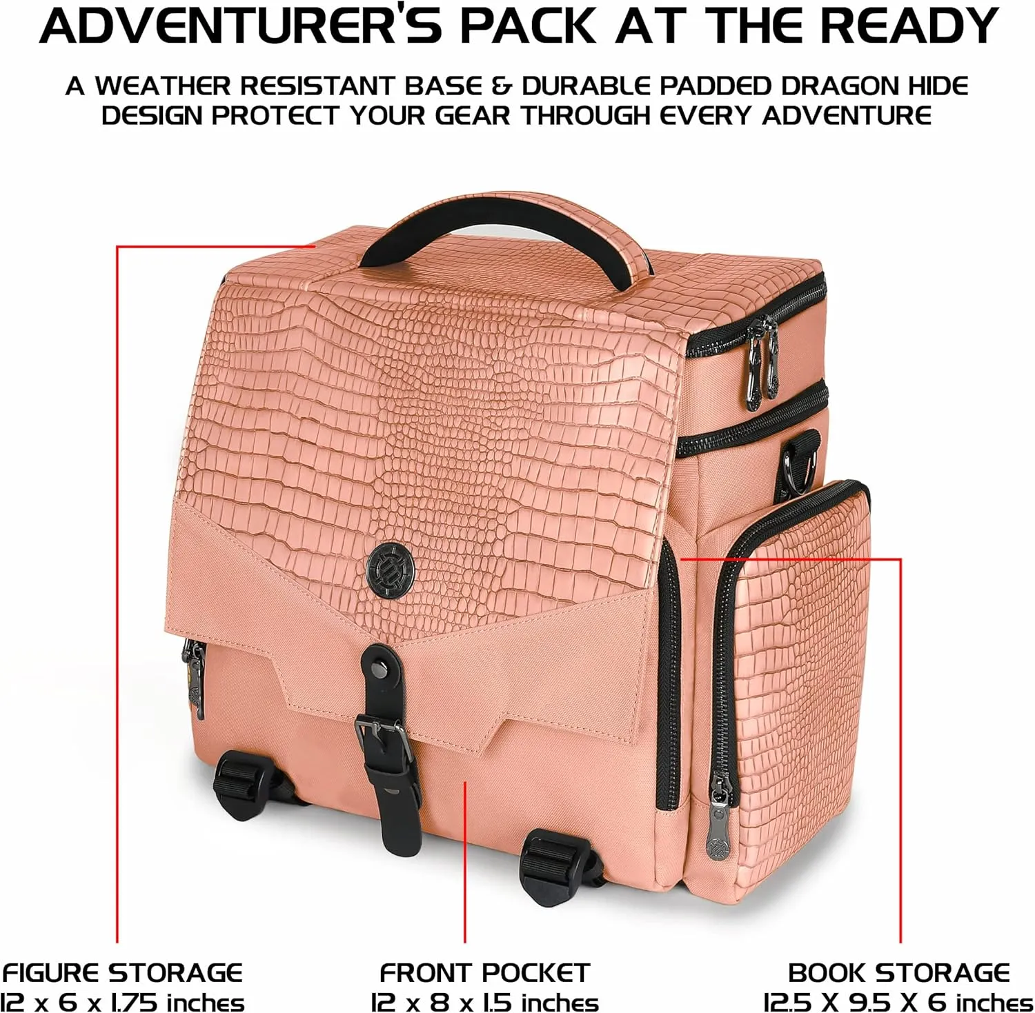 ENHANCE Collector's Edition RPG Adventurer's DnD Bag - Dragon Hide Exterior Travel RPG Bag with Tabletop Miniatures Storage Vault, Mat Holder, DnD Dice & Token Pockets, Fits 4-8 Books (Dragon Pink)