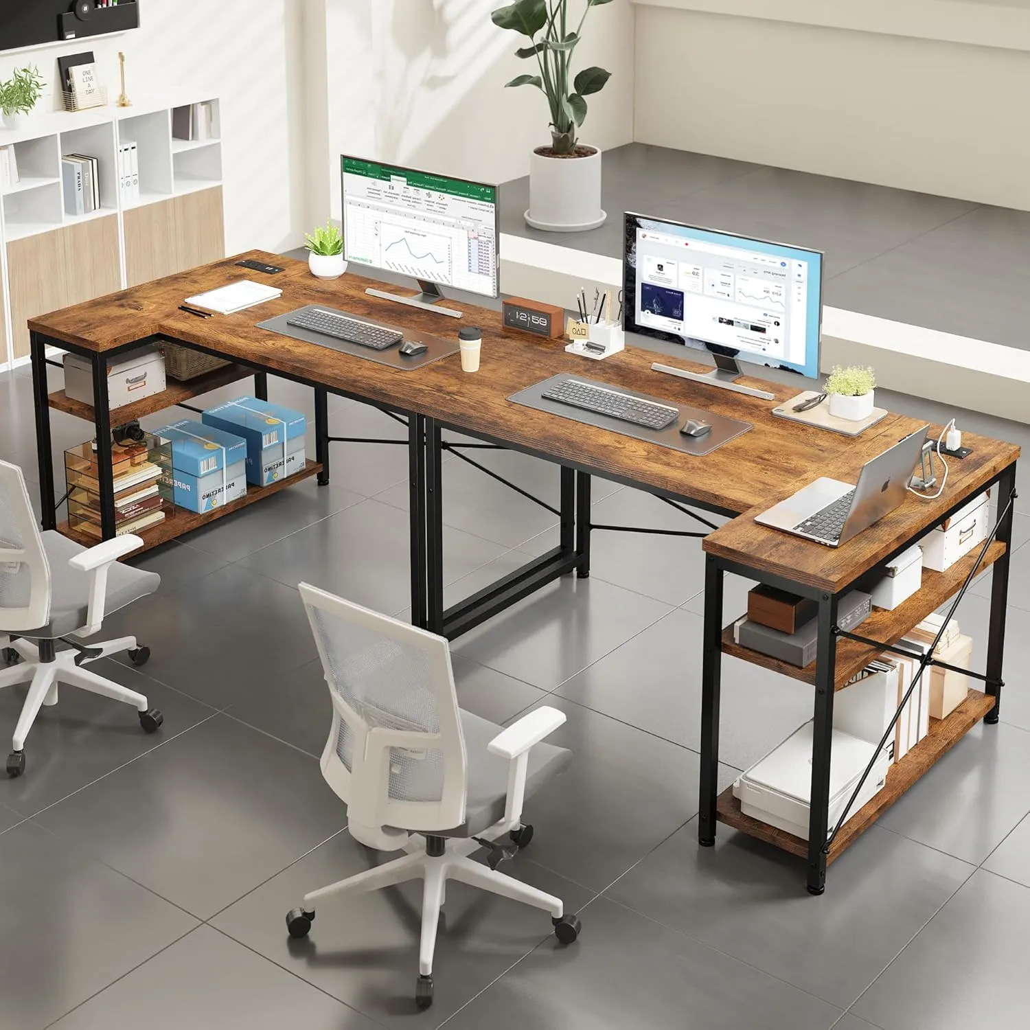 EnHomee 40 Inch Small L Shaped Desk with Storage Shelves & Side Bag, Computer Desk with Power Outlets, Reversible desks with X-Shaped Support for Bedroom, Home Office, Brown
