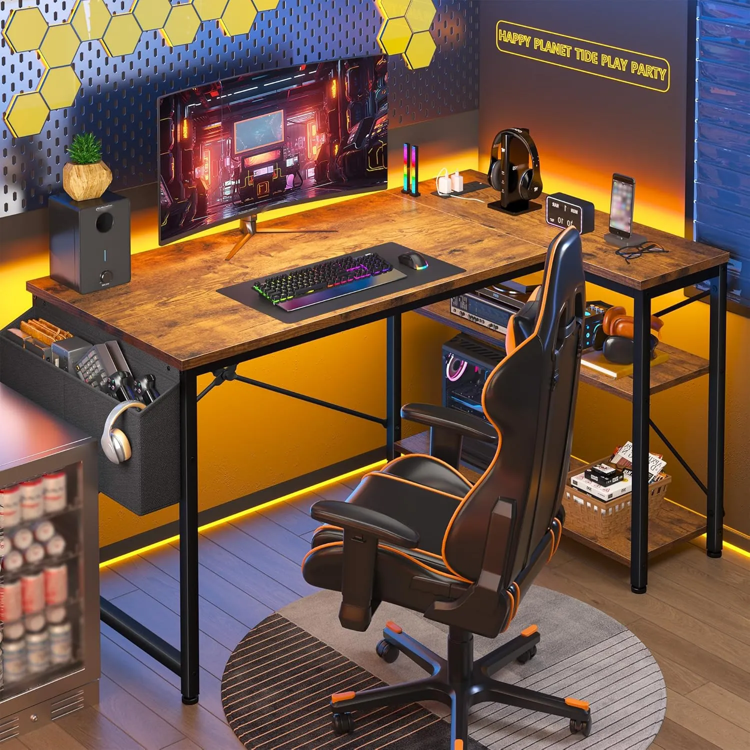 EnHomee 40 Inch Small L Shaped Desk with Storage Shelves & Side Bag, Computer Desk with Power Outlets, Reversible desks with X-Shaped Support for Bedroom, Home Office, Brown