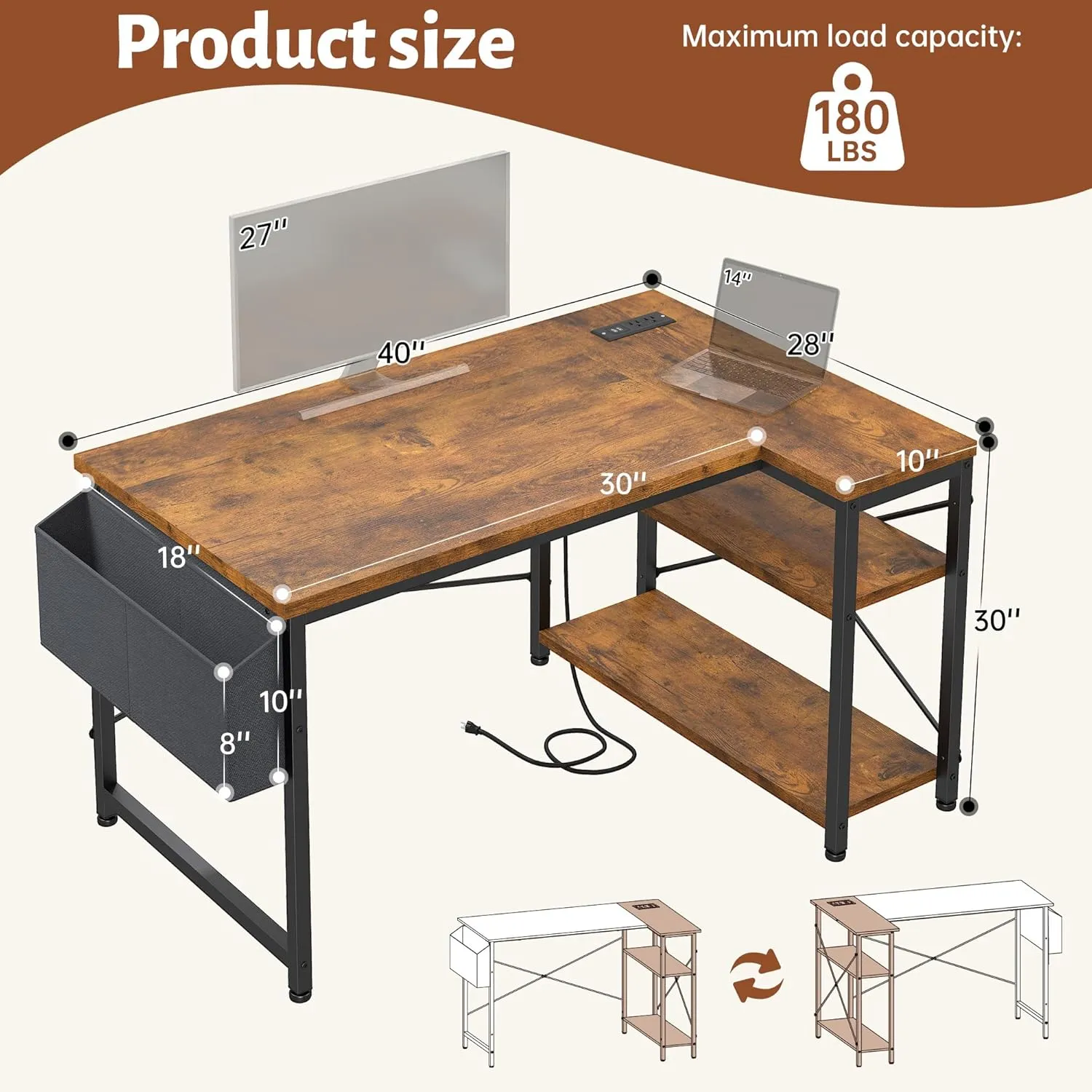 EnHomee 40 Inch Small L Shaped Desk with Storage Shelves & Side Bag, Computer Desk with Power Outlets, Reversible desks with X-Shaped Support for Bedroom, Home Office, Brown