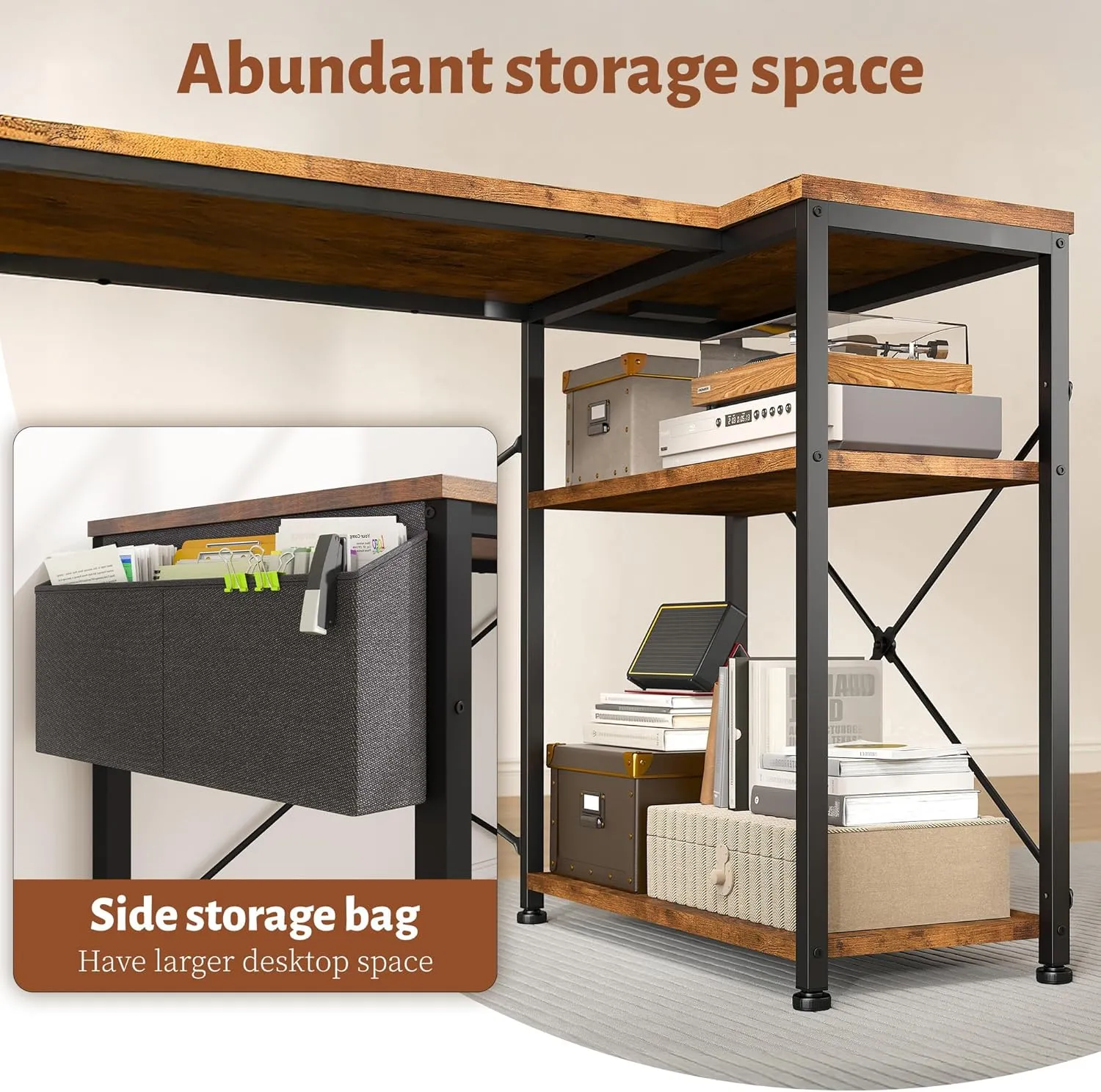 EnHomee 40 Inch Small L Shaped Desk with Storage Shelves & Side Bag, Computer Desk with Power Outlets, Reversible desks with X-Shaped Support for Bedroom, Home Office, Brown