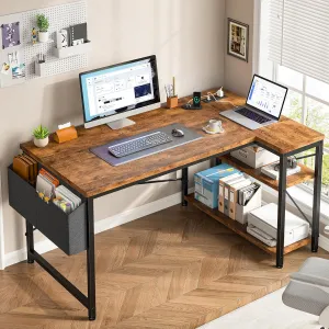 EnHomee 40 Inch Small L Shaped Desk with Storage Shelves & Side Bag, Computer Desk with Power Outlets, Reversible desks with X-Shaped Support for Bedroom, Home Office, Brown