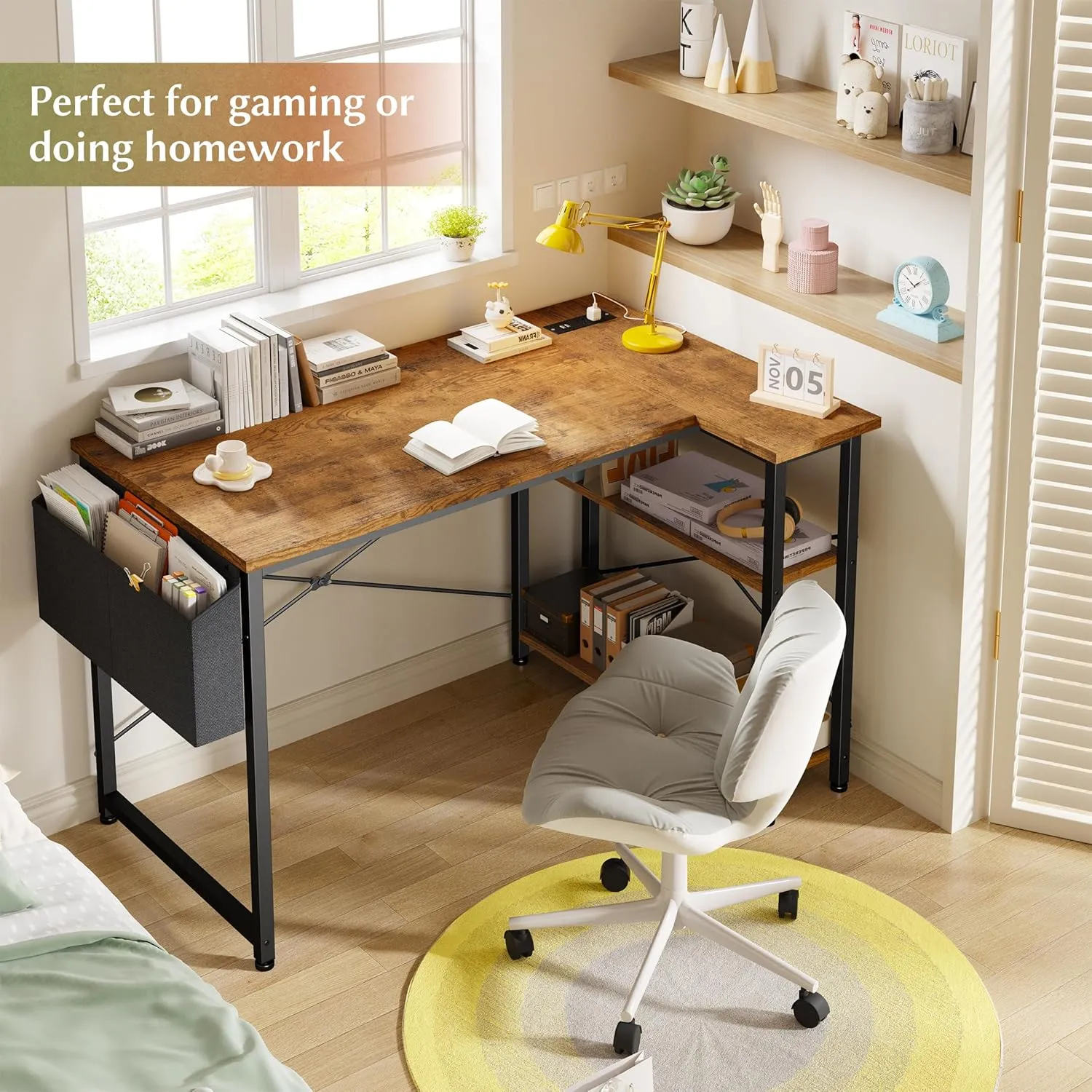 EnHomee 40 Inch Small L Shaped Desk with Storage Shelves & Side Bag, Computer Desk with Power Outlets, Reversible desks with X-Shaped Support for Bedroom, Home Office, Brown