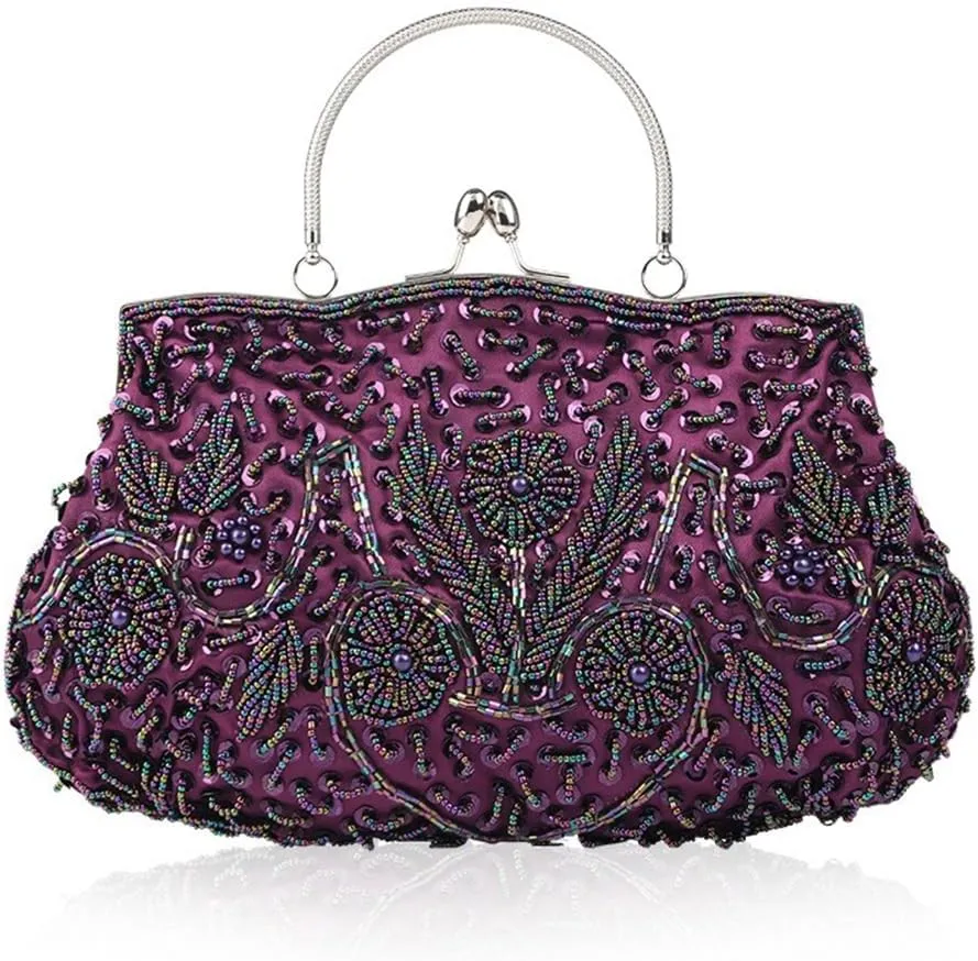 Evening Bag Womens Vintage Floral Beaded Rhinestone Embroidery Clutch Purse Evening Handbag Shoulder Bag for Wedding Party