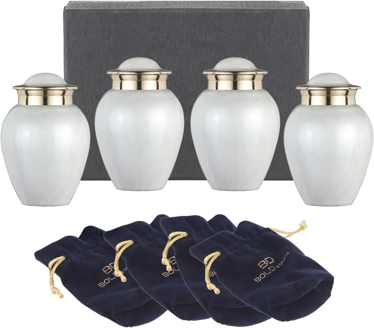 Everlasting Pearl White Mini Urn for Human Ashes | Set of 4 Keepsake Memorial Urns Burial Ash Storage Decorative Urns with Paper Funnel Velvet Carry Bag and Gift Box