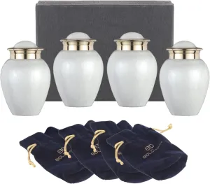 Everlasting Pearl White Mini Urn for Human Ashes | Set of 4 Keepsake Memorial Urns Burial Ash Storage Decorative Urns with Paper Funnel Velvet Carry Bag and Gift Box