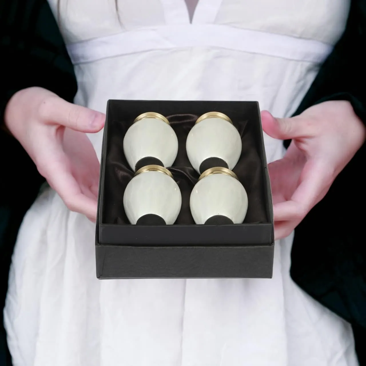 Everlasting Pearl White Mini Urn for Human Ashes | Set of 4 Keepsake Memorial Urns Burial Ash Storage Decorative Urns with Paper Funnel Velvet Carry Bag and Gift Box