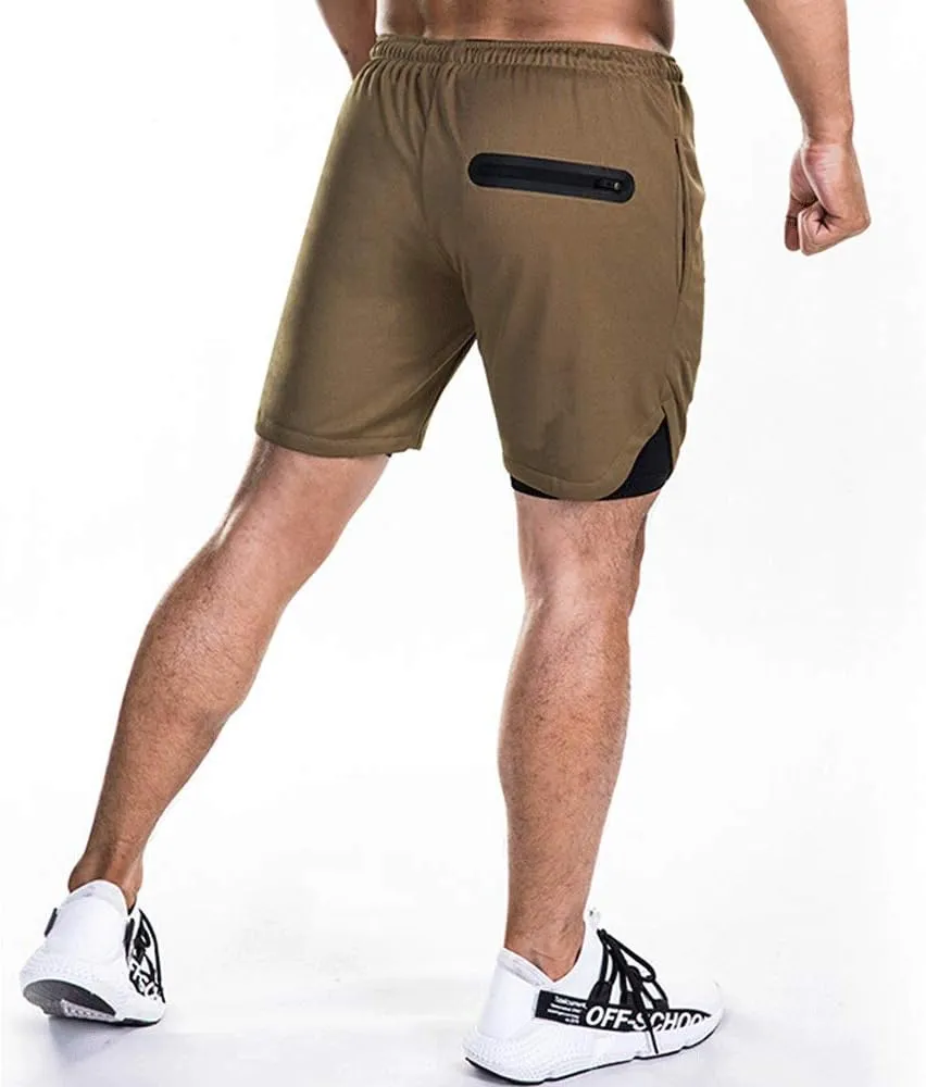 EVERWORTH Men's 2-in-1 Bodybuilding Workout Shorts Lightweight Gym Training Short Running Athletic Jogger with Zipper Pockets