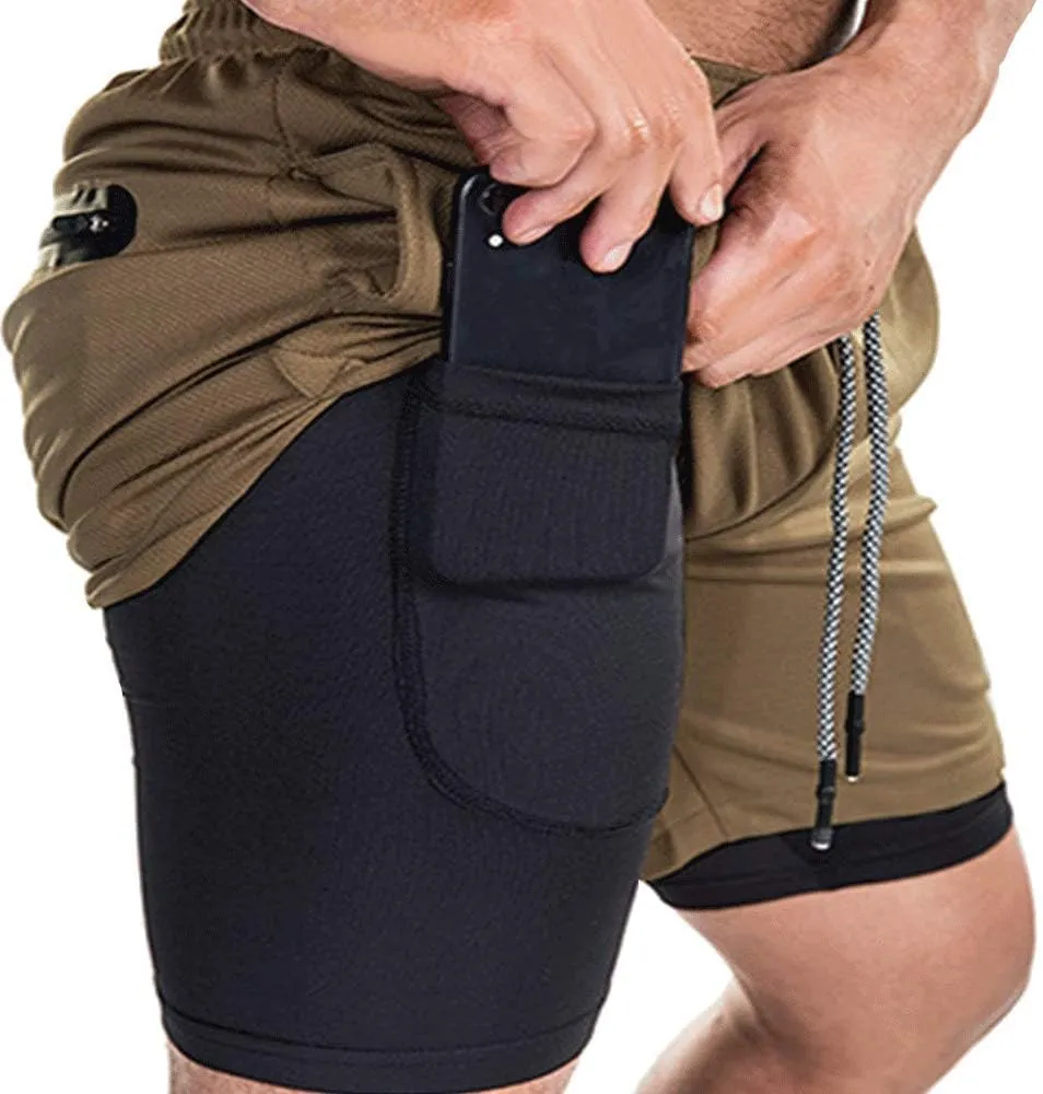 EVERWORTH Men's 2-in-1 Bodybuilding Workout Shorts Lightweight Gym Training Short Running Athletic Jogger with Zipper Pockets