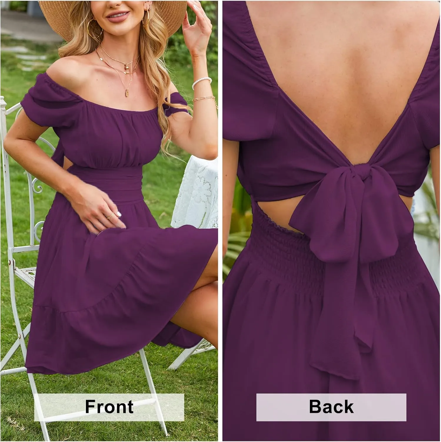 EXLURA Women's 2025 Summer Short Puff Sleeve Casual Short Mini Dresses Tie Back Square Neck A-Line Sundress