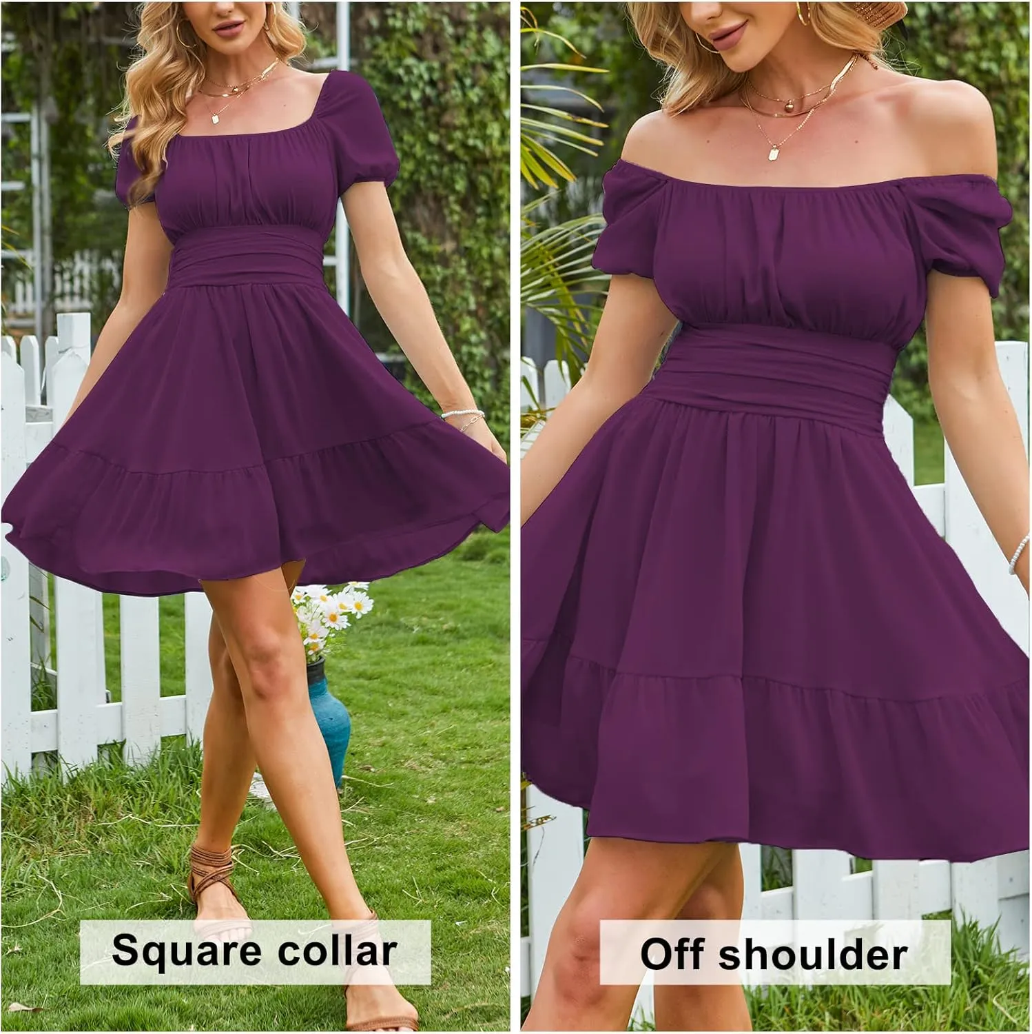 EXLURA Women's 2025 Summer Short Puff Sleeve Casual Short Mini Dresses Tie Back Square Neck A-Line Sundress