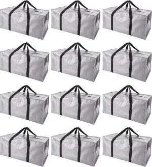 Extra Large Moving Bags with Zippers & Carrying Handles, Heavy-Duty Storage Tote for Space Saving Moving Storage, Fold Flat, Alternative to Box and Bin - 12 Pack, Silver