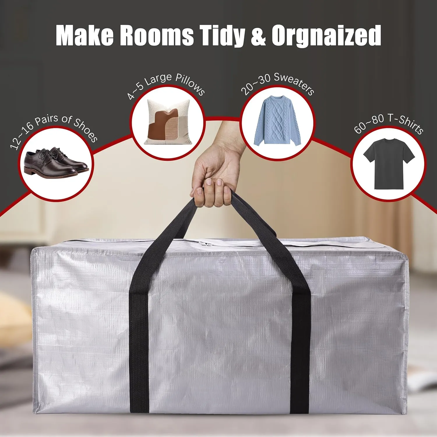 Extra Large Moving Bags with Zippers & Carrying Handles, Heavy-Duty Storage Tote for Space Saving Moving Storage, Fold Flat, Alternative to Box and Bin - 12 Pack, Silver