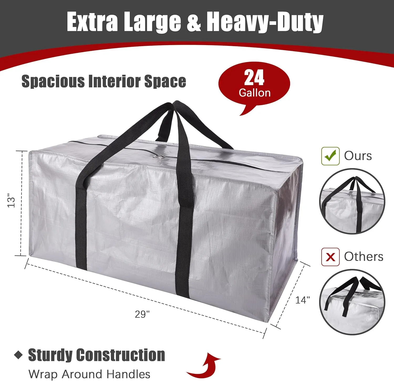Extra Large Moving Bags with Zippers & Carrying Handles, Heavy-Duty Storage Tote for Space Saving Moving Storage, Fold Flat, Alternative to Box and Bin - 12 Pack, Silver