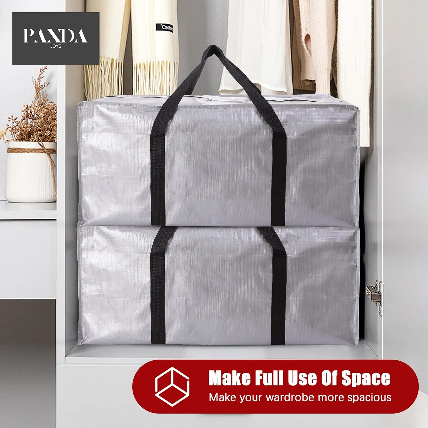 Extra Large Moving Bags with Zippers & Carrying Handles, Heavy-Duty Storage Tote for Space Saving Moving Storage, Fold Flat, Alternative to Box and Bin - 12 Pack, Silver