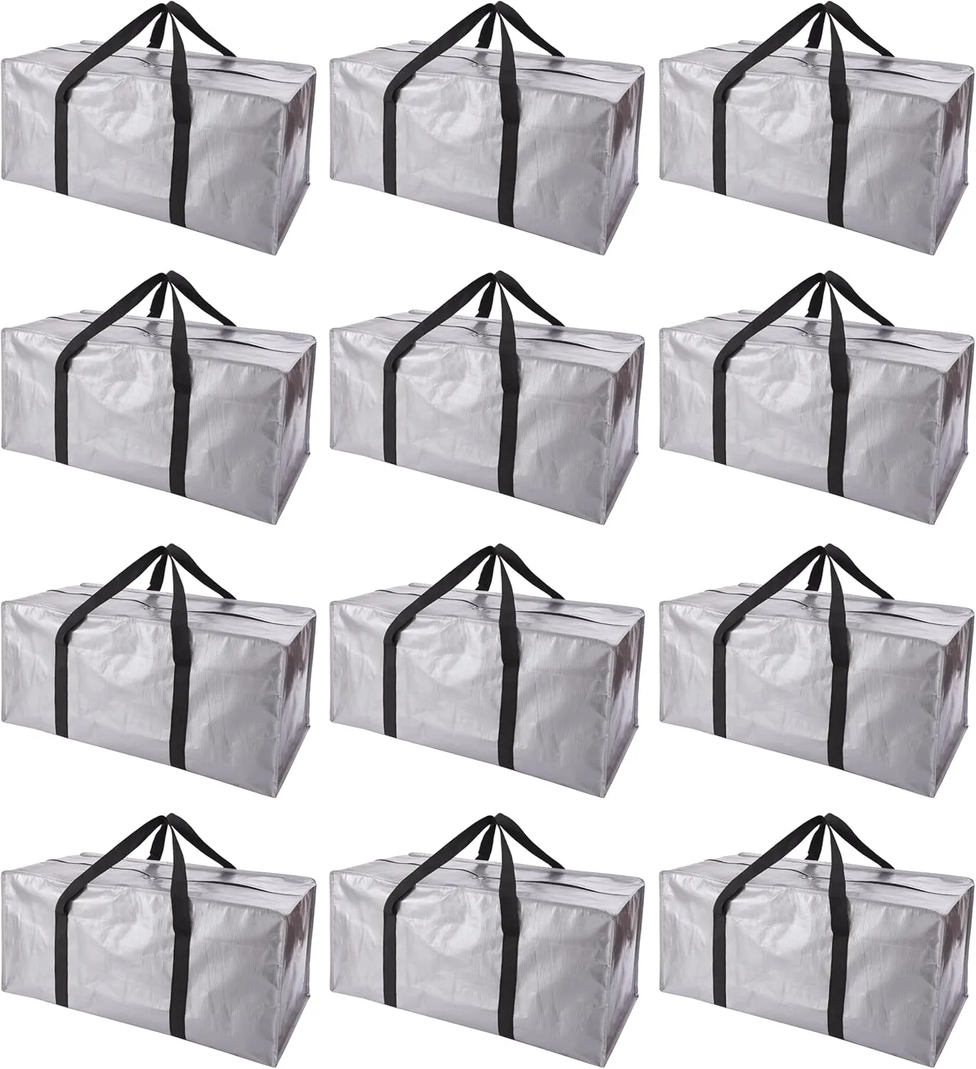 Extra Large Moving Bags with Zippers & Carrying Handles, Heavy-Duty Storage Tote for Space Saving Moving Storage, Fold Flat, Alternative to Box and Bin - 12 Pack, Silver