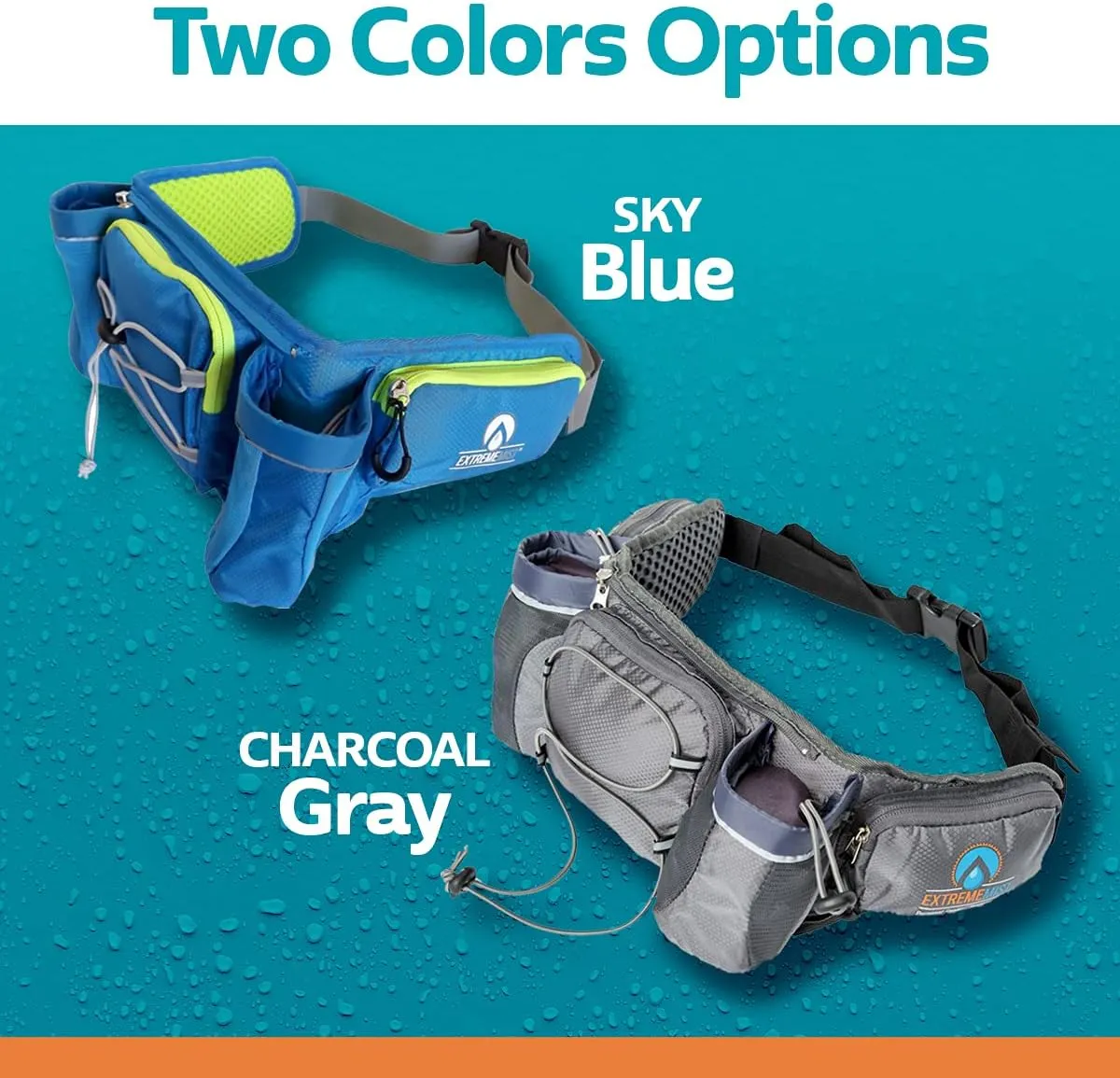 ExtremeMIST Detachable Hydration Waist Pack - Water Bottle Holder Fanny Pack | Belt with 2 Bottle Holders| Zipper Storage Pockets| Perfect for Climbing, Running, Cycling, Jogging, Hiking (Blue, Small)