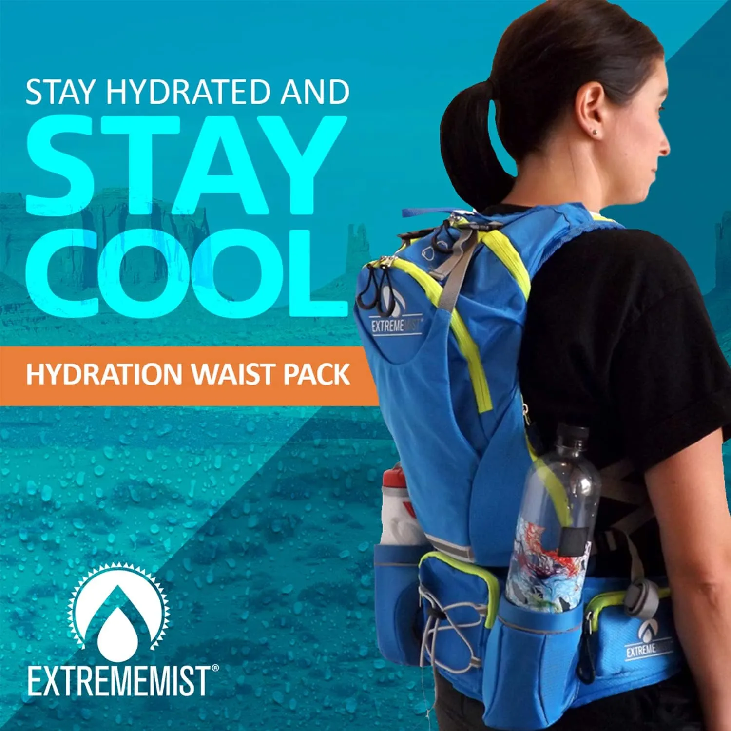 ExtremeMIST Detachable Hydration Waist Pack - Water Bottle Holder Fanny Pack | Belt with 2 Bottle Holders| Zipper Storage Pockets| Perfect for Climbing, Running, Cycling, Jogging, Hiking (Blue, Small)