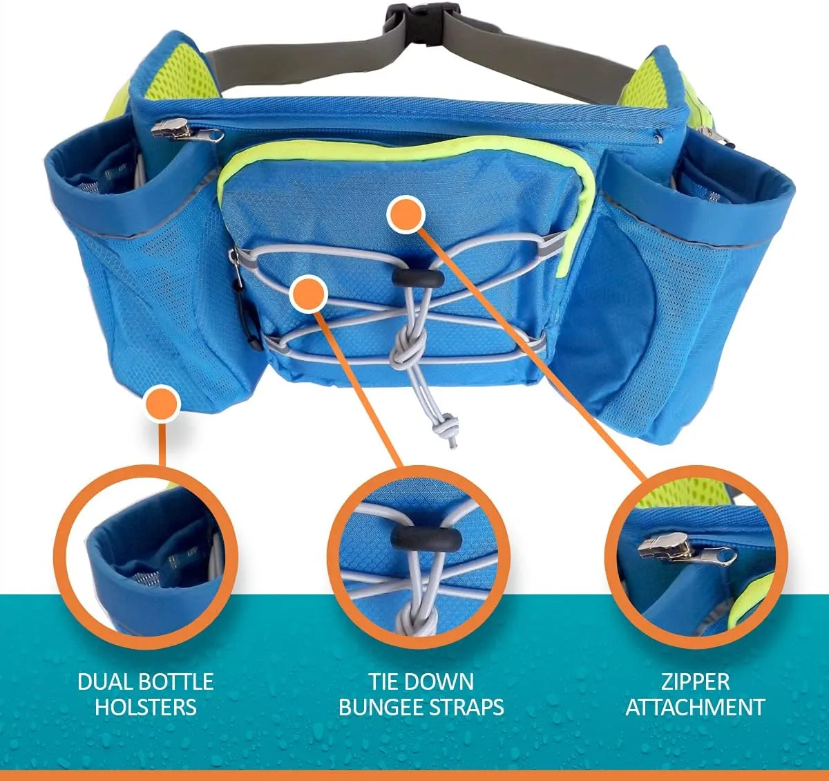 ExtremeMIST Detachable Hydration Waist Pack - Water Bottle Holder Fanny Pack | Belt with 2 Bottle Holders| Zipper Storage Pockets| Perfect for Climbing, Running, Cycling, Jogging, Hiking (Blue, Small)