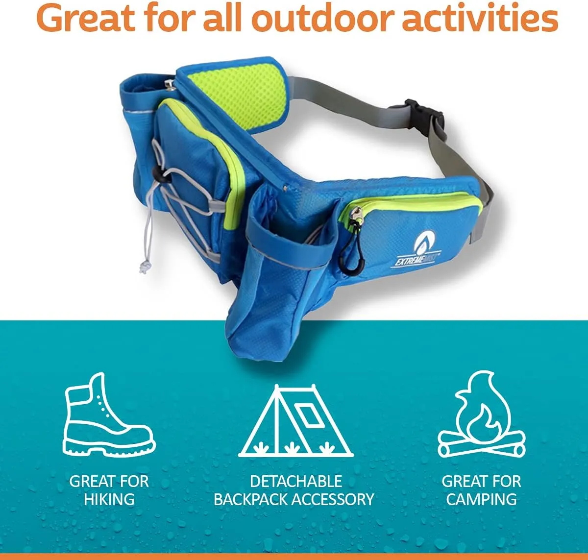 ExtremeMIST Detachable Hydration Waist Pack - Water Bottle Holder Fanny Pack | Belt with 2 Bottle Holders| Zipper Storage Pockets| Perfect for Climbing, Running, Cycling, Jogging, Hiking (Blue, Small)