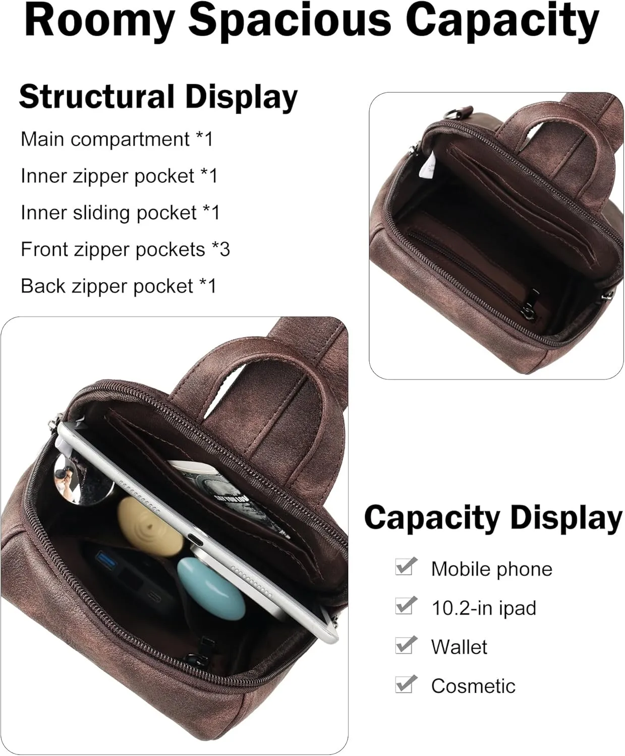FADEON Sling Bag for Women Crossbody Purse Sling Bags, Designer Sling Purses Medium Travel Multi-Pocket Sling Backpack