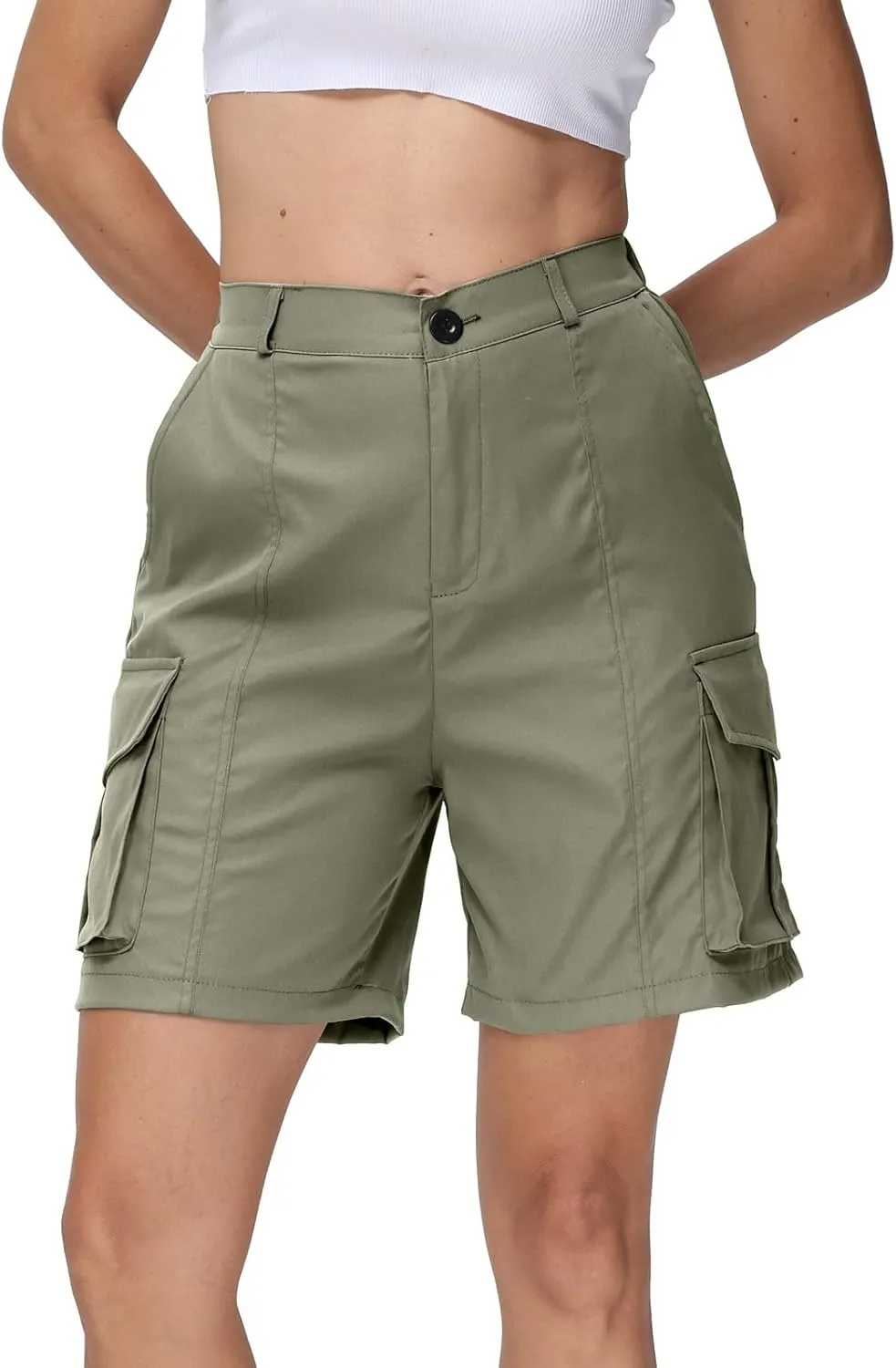 fanmpghleoo Women's Hiking Cargo Shorts Summer Casual Elastic Waist Bermuda Shorts Athletic Golf Long Shorts with 6 Pockets