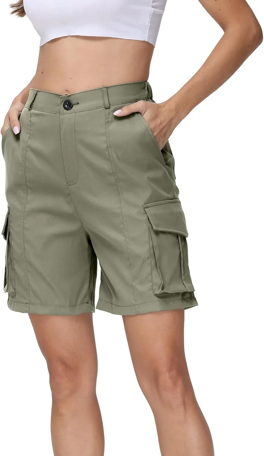 fanmpghleoo Women's Hiking Cargo Shorts Summer Casual Elastic Waist Bermuda Shorts Athletic Golf Long Shorts with 6 Pockets