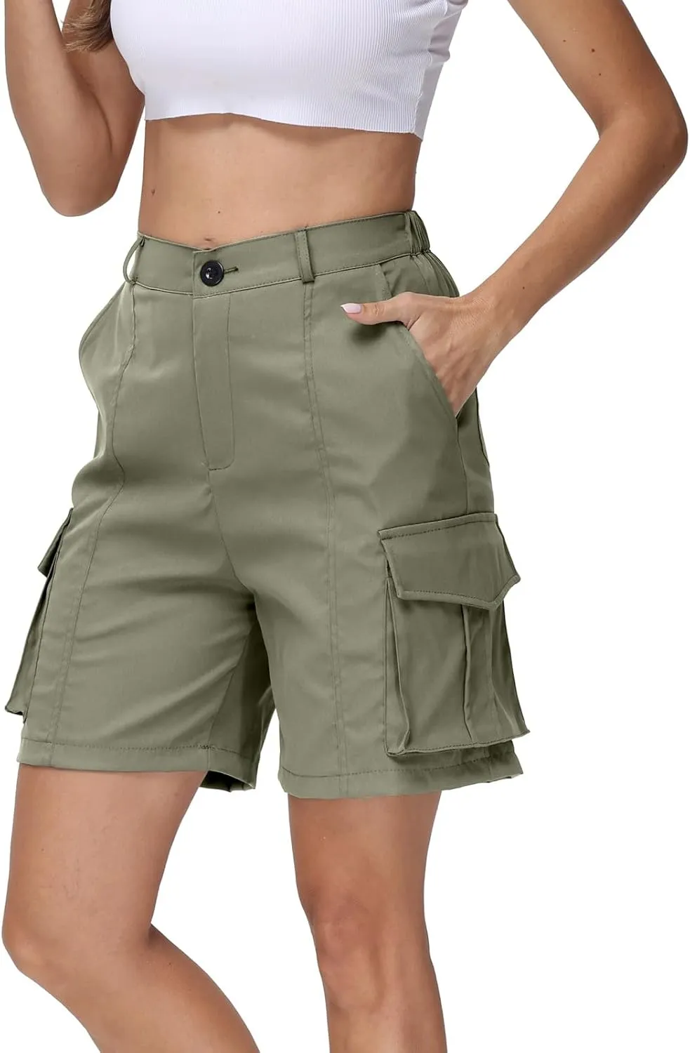 fanmpghleoo Women's Hiking Cargo Shorts Summer Casual Elastic Waist Bermuda Shorts Athletic Golf Long Shorts with 6 Pockets
