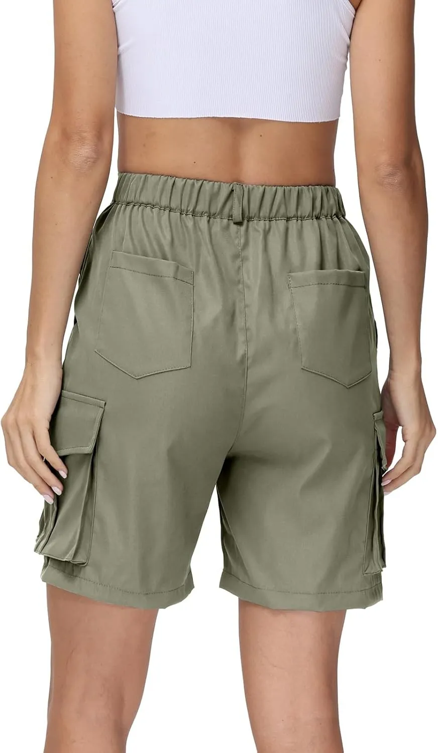 fanmpghleoo Women's Hiking Cargo Shorts Summer Casual Elastic Waist Bermuda Shorts Athletic Golf Long Shorts with 6 Pockets